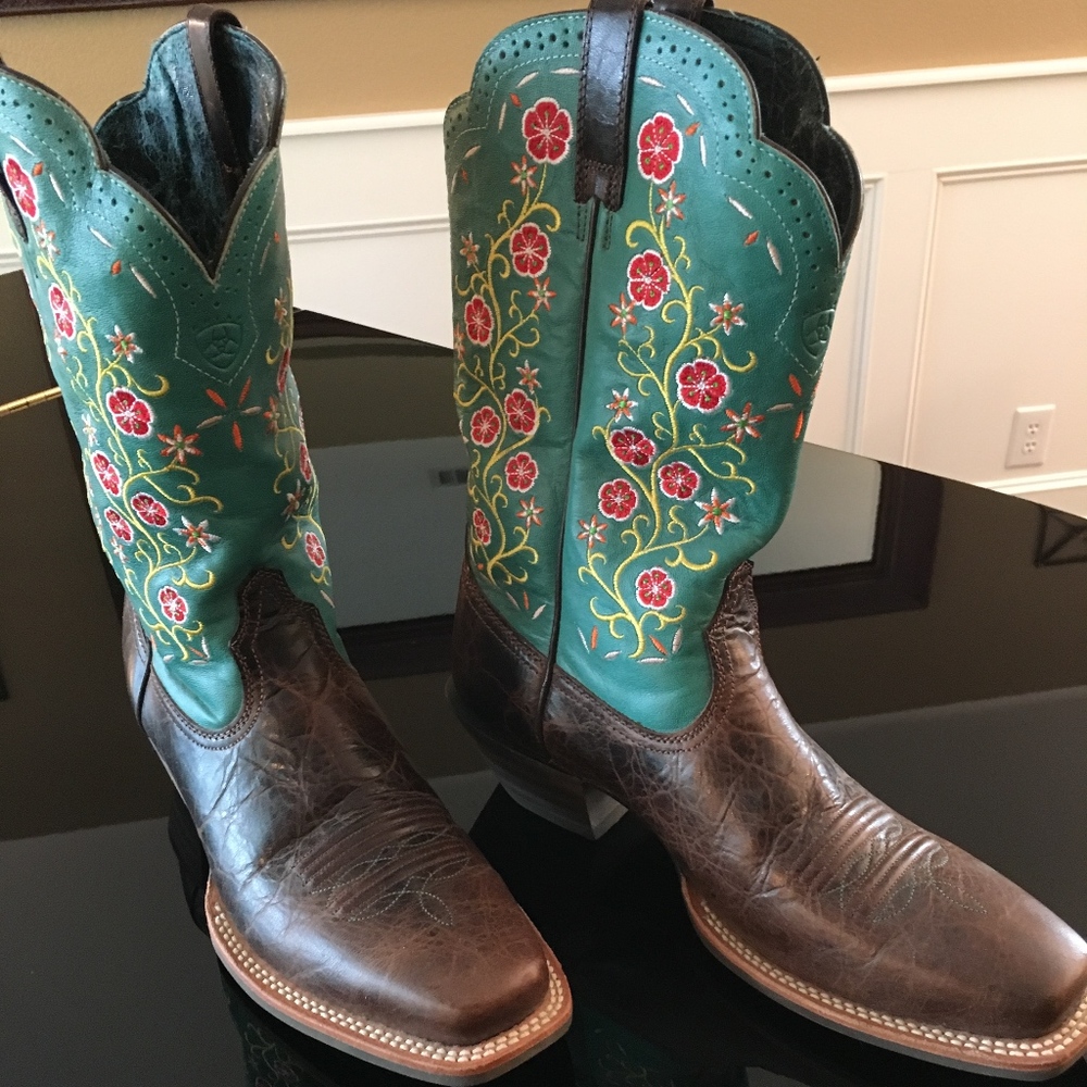 Ariat Western Boots Floral Embroidered Teal 9